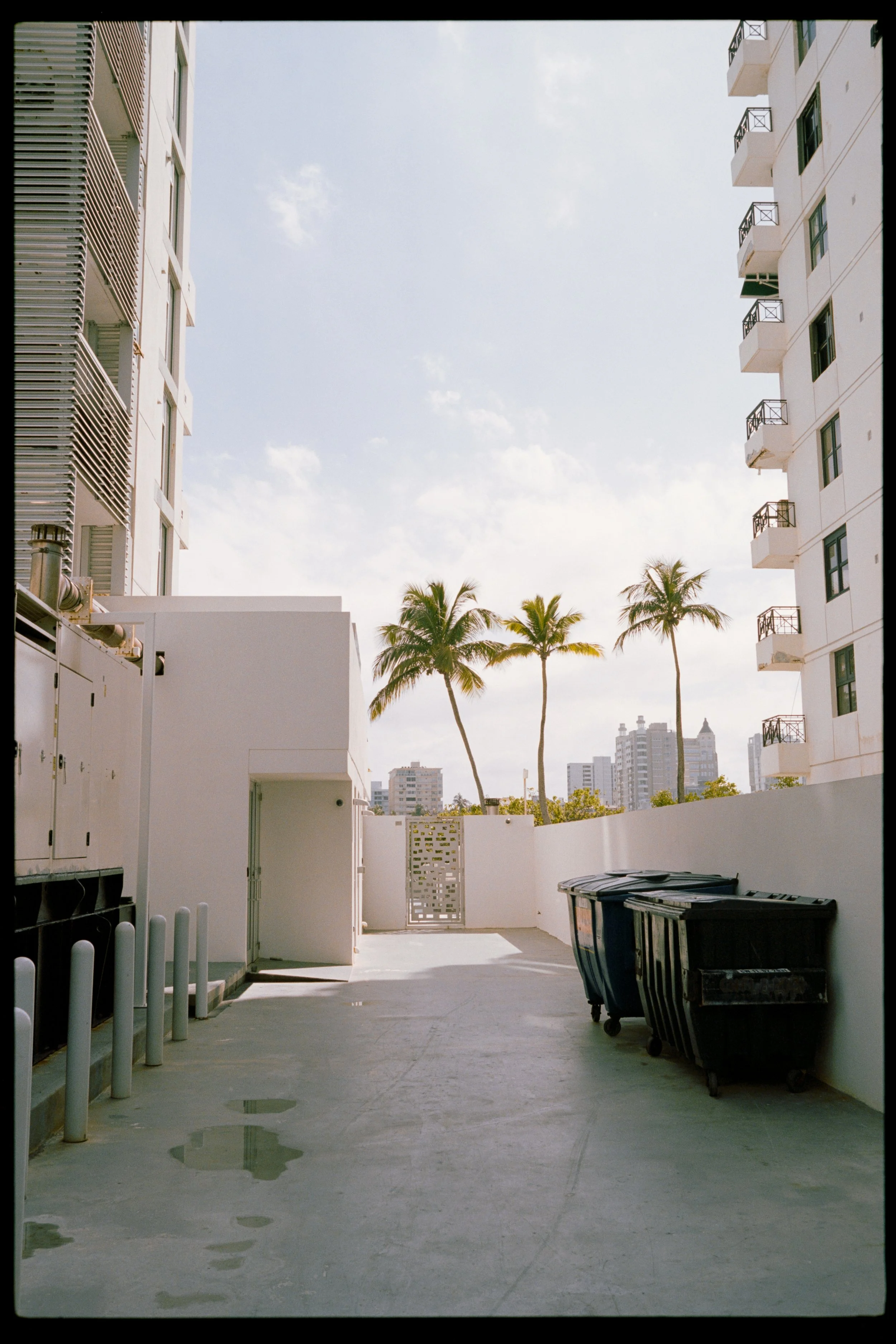 An outdoor balcony or rooftop area with white walls and ilght-colored flooring, featuring palm trees, city buildings in the background, and trash bins along the right wall.