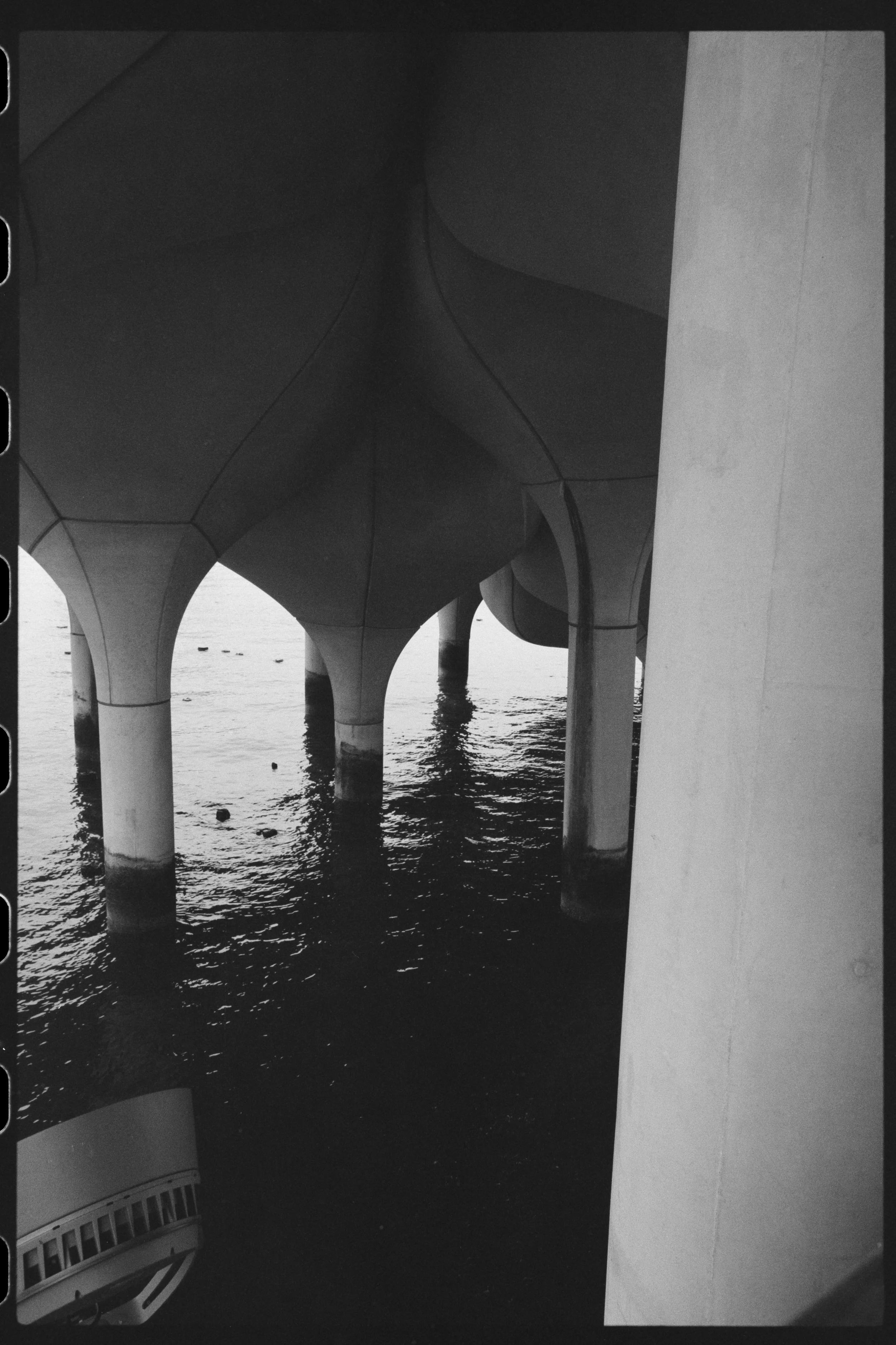 Black and white photo of the underside of a bridge or pier, showing its supporting columns in the water.