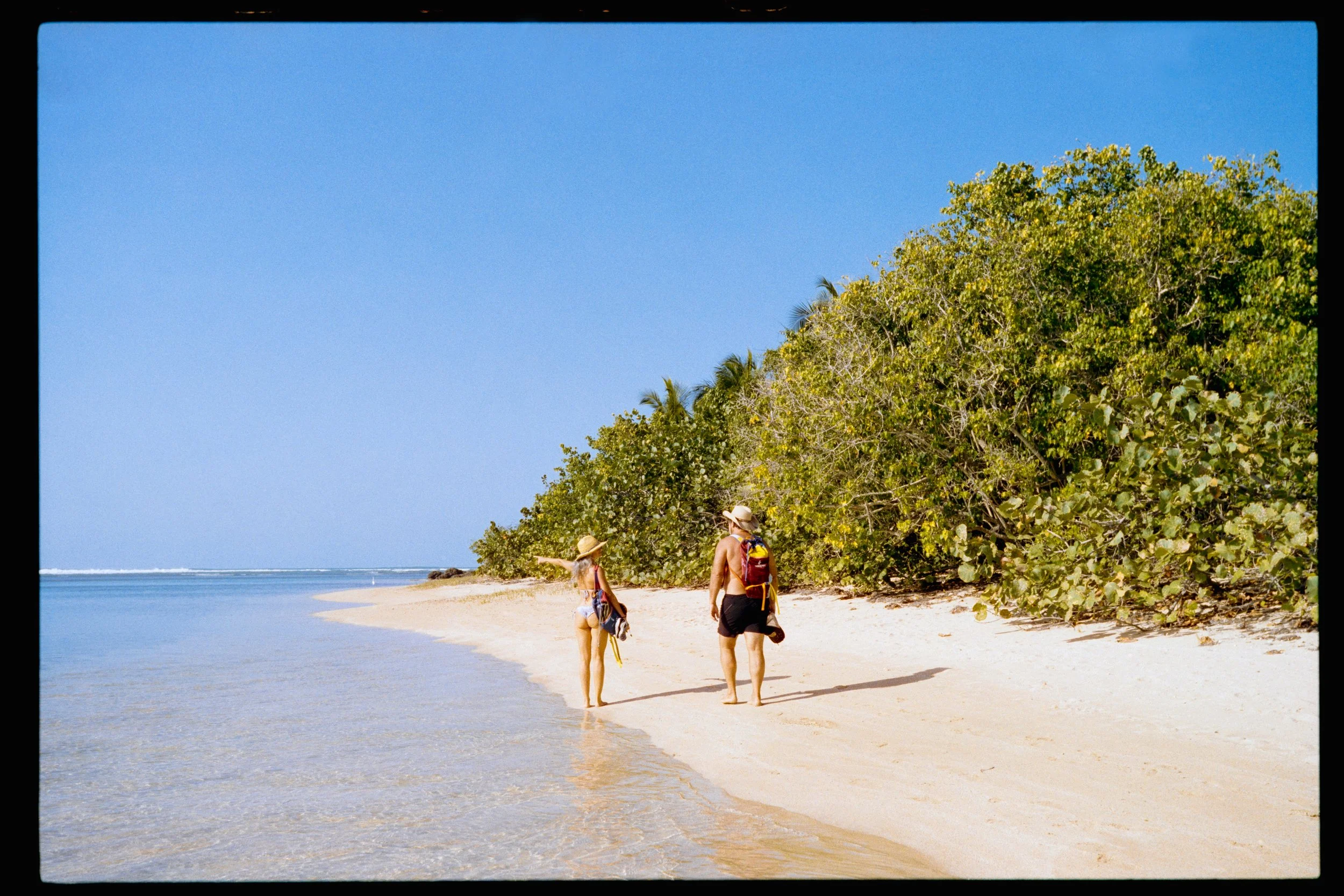 Two women walking along a sandy beach with calm water, green trees in the background, under a bright blue sky.