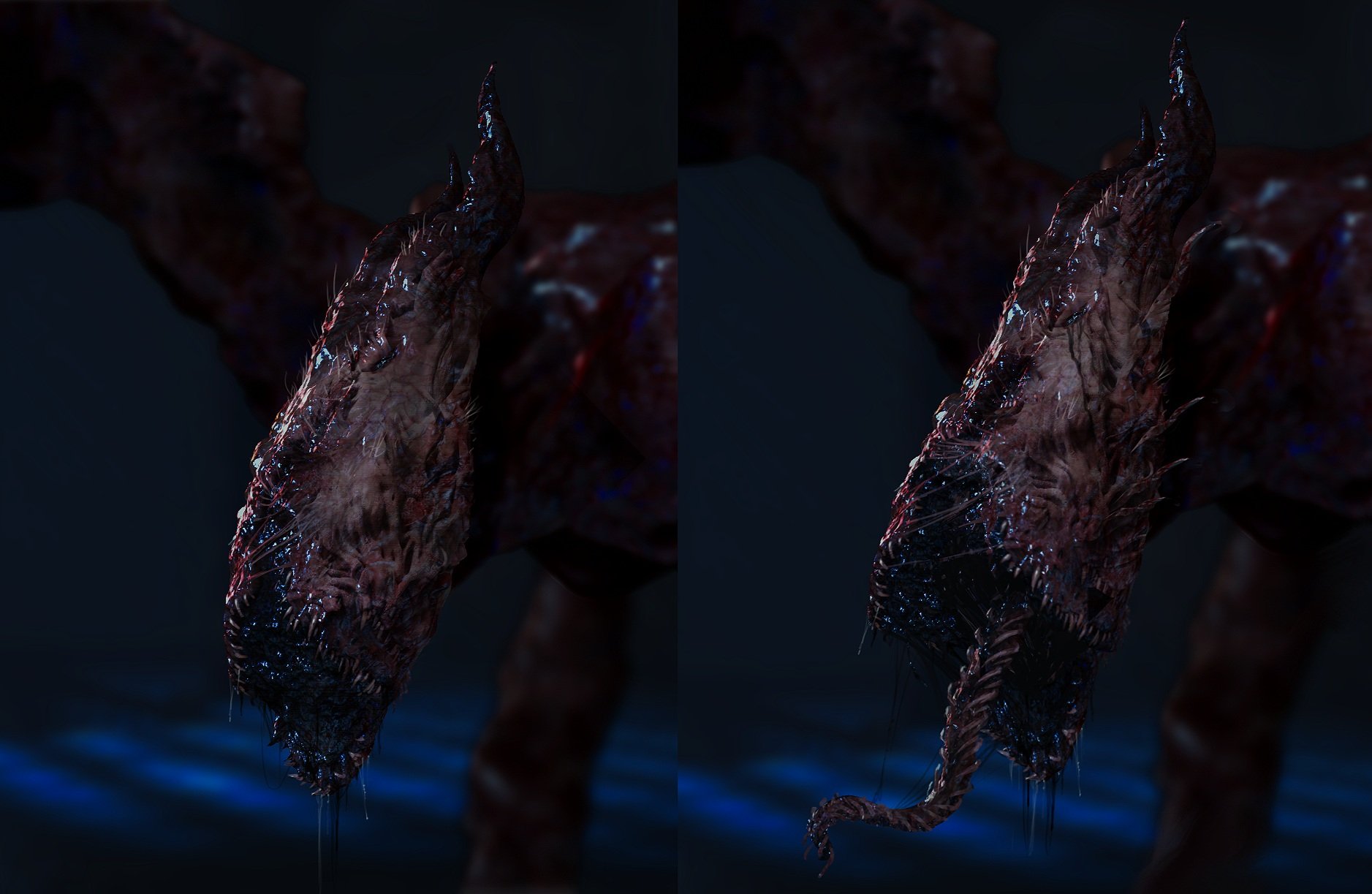 An early mouth design. The intent was to create a creepy centipede tongue that would extend out of the black liquid that held it together when the head / mouth opened.