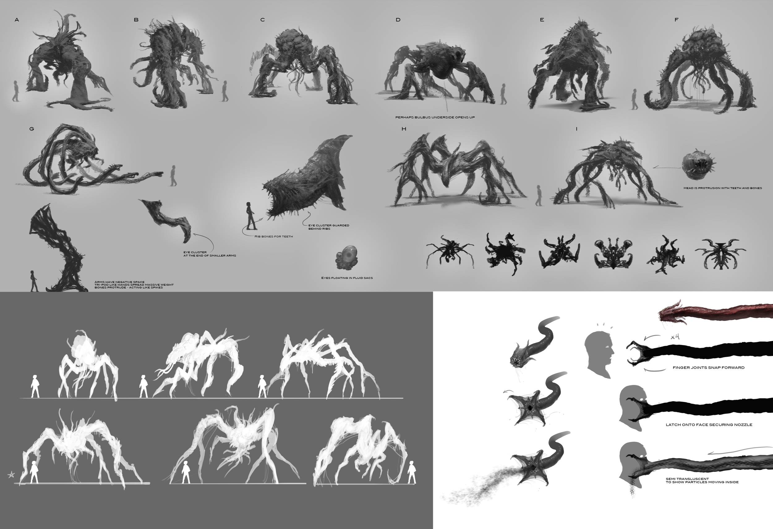 Some early sketches exploring shapes and engineering of how the creature might operate.