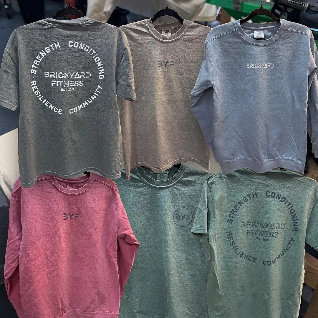 Dope little refresh for @brickyardfitness_stpete 

Got a bunch of different color combos, couldn&rsquo;t fit all of them here. Tees and crewnecks all on @comfort_colors 

Celebrating 6 years today! 2-6p come stop by! 
DJ, Food, Raffles, Vibes 

Info@