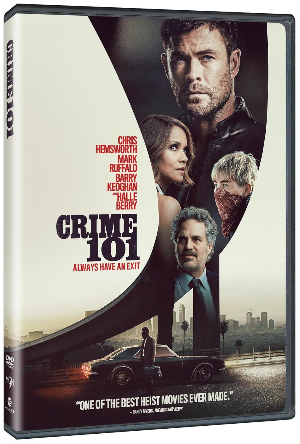 DVD cover of the movie 'Crime 101: Always Have an Exit' featuring actors Chris Hemsworth, Mark Ruffalo, Barry Keoghan, Halle Berry, and an additional character at the bottom walking near a car with a city skyline in the background.