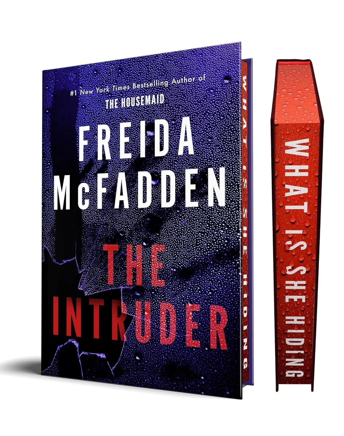 Cover of the book "The Intruder" by Freida McFadden, showing the title, author's name, and a box of the same book with a raindrop-patterned cover.