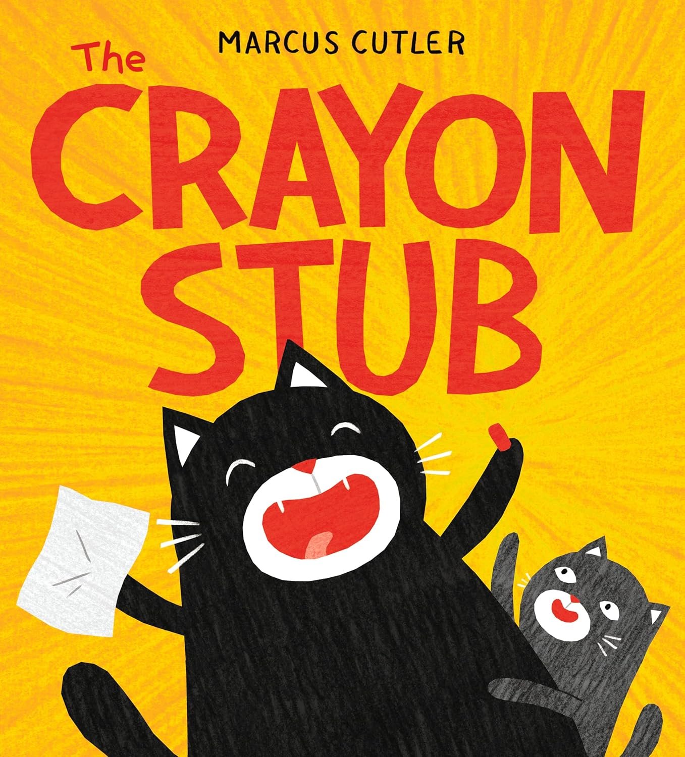 Book cover of "The Crayon Stub" by Marcus Cutler featuring two cartoon black cats, one holding a piece of paper and a red crayon, on a yellow background.