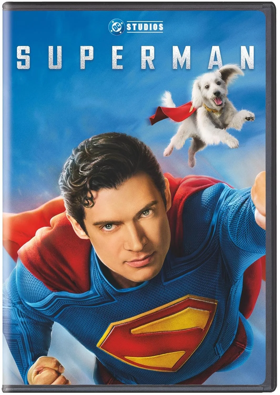 Superman in a blue suit with a red cape flying forward with a determined expression, accompanied by a flying white puppy with a red cape and yellow collar against a blue sky background.