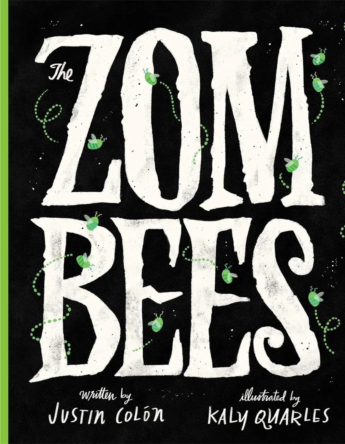 Book cover titled "The Zom Bites" with a black background, large white distressed text, and small green cartoon bees flying around.