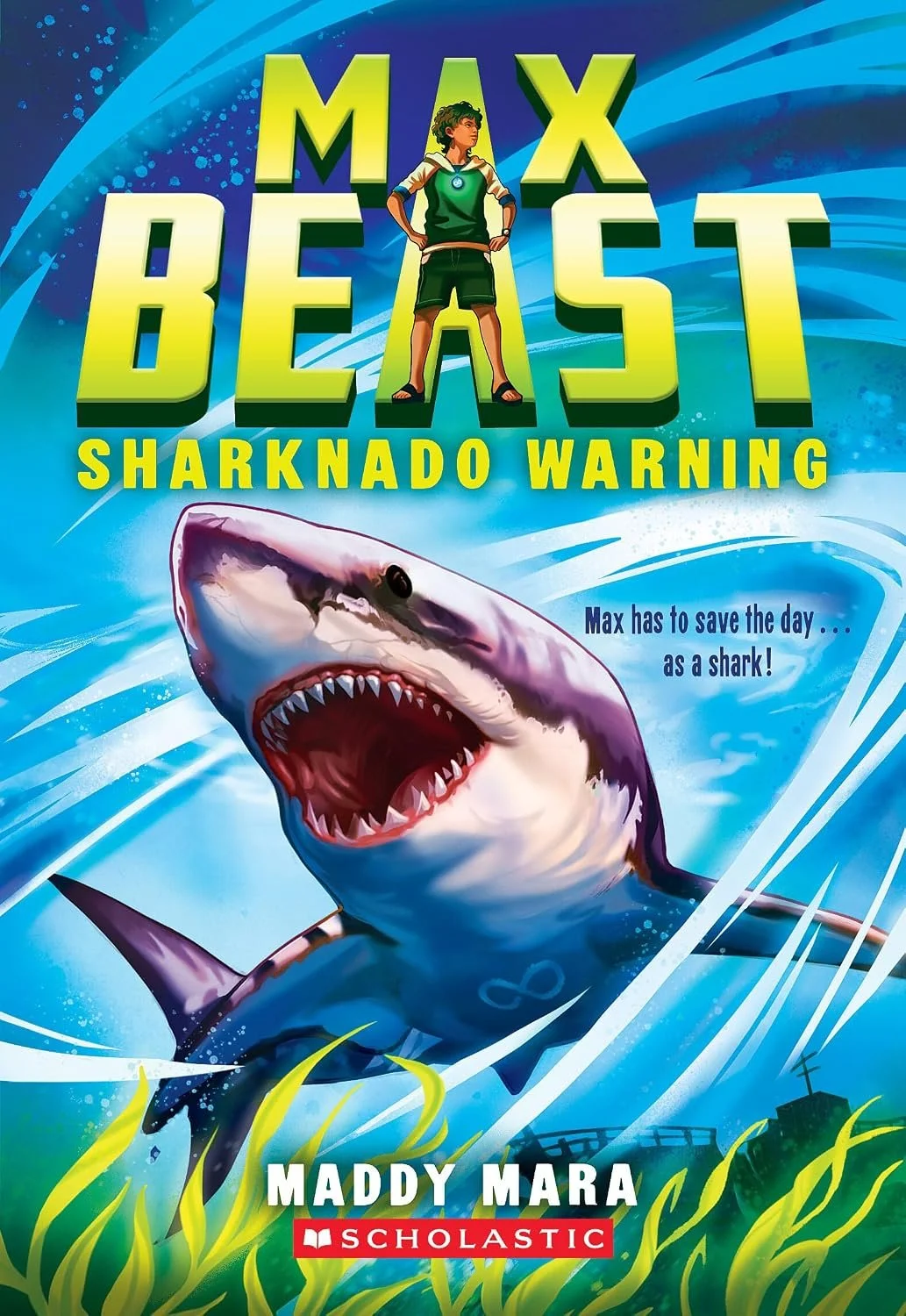 Book cover for 'Max Beast: Sharknado Warning' by Maddy Mara.