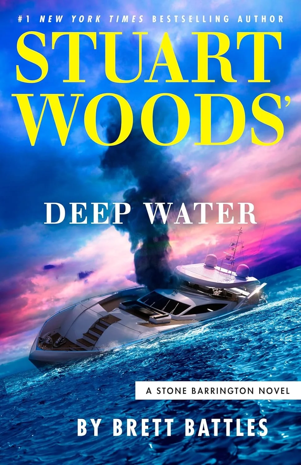 Book cover for 'Deep Water' by Brett Battles showing a luxury yacht in choppy ocean water at sunset, with a plume of dark smoke rising from the yacht and a colorful sky with pink and purple clouds.