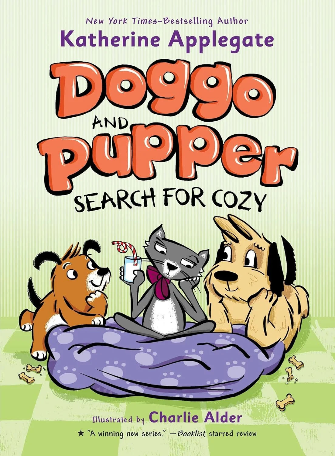 Cover of the children's book titled 'Doggo and Pupper Search for Cozy' by Katherine Applegate, illustrated by Charlie Alder. 