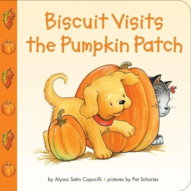 Cover of a children's book titled "Biscuit Visits the Pumpkin Patch." Features an illustration of a puppy named Biscuit and a gray kitten at a pumpkin patch with large pumpkins. Biscuit is golden, smiling, and wearing a red collar. The background inc
