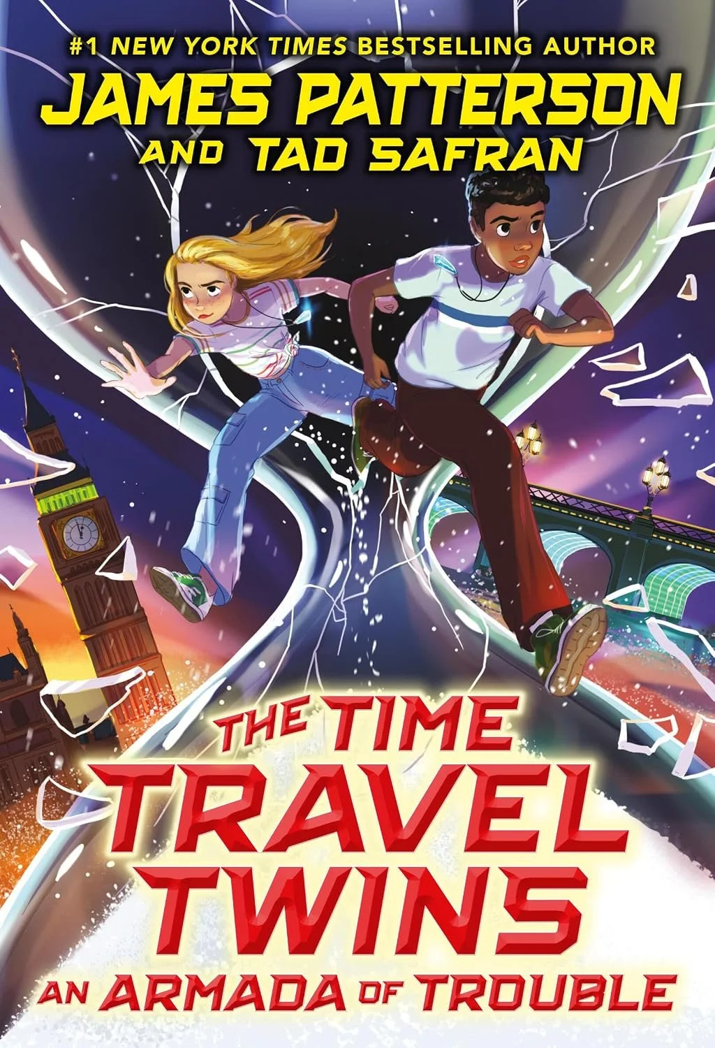 Book cover for 'The Time Travel Twins: An Armada of Trouble' by James Patterson and Tad Safran.