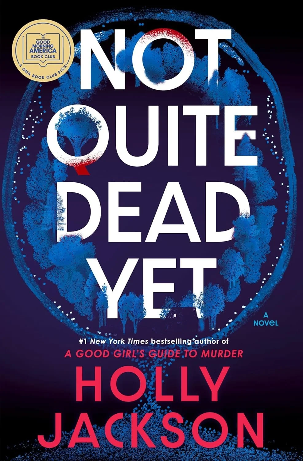 Book cover of 'Not Quite Dead Yet' by Holly Jackson featuring a dark background with blue and red accents, and the title in large white and red letters.