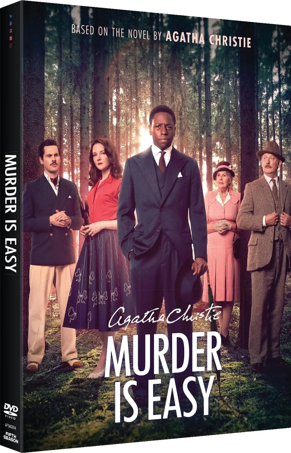 DVD cover for the TV series 'Murder is Easy,' based on a novel by Agatha Christie, featuring five characters in vintage clothing standing in a forest at sunset.