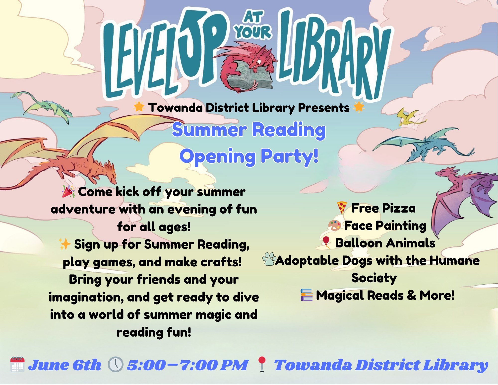 🎉🐉 Get ready to LEVEL UP your summer! 📚🎮
Join us for the Summer Reading Opening Party at Towanda District Library on Thursday, June 6th from 5:00–7:00 PM! This all-ages event is the perfect way to kick off a summer full of reading adventur