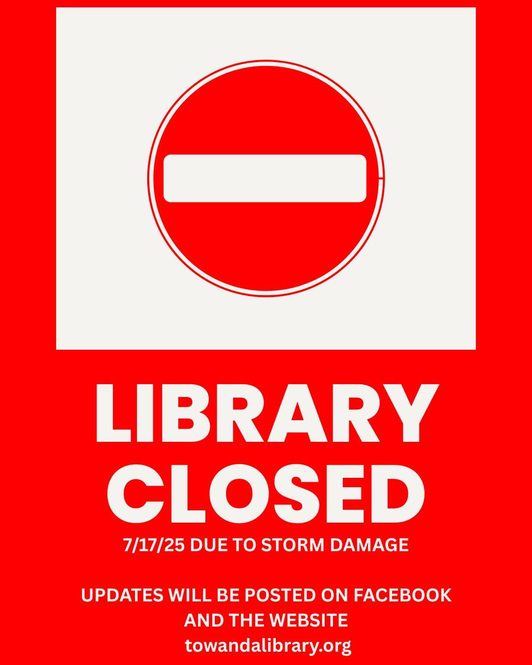 The Towanda District Library will be closed 7/17/25 due to storm damage. The Unseen Forces Program scheduled for today is cancelled. Stay tuned for more updates!