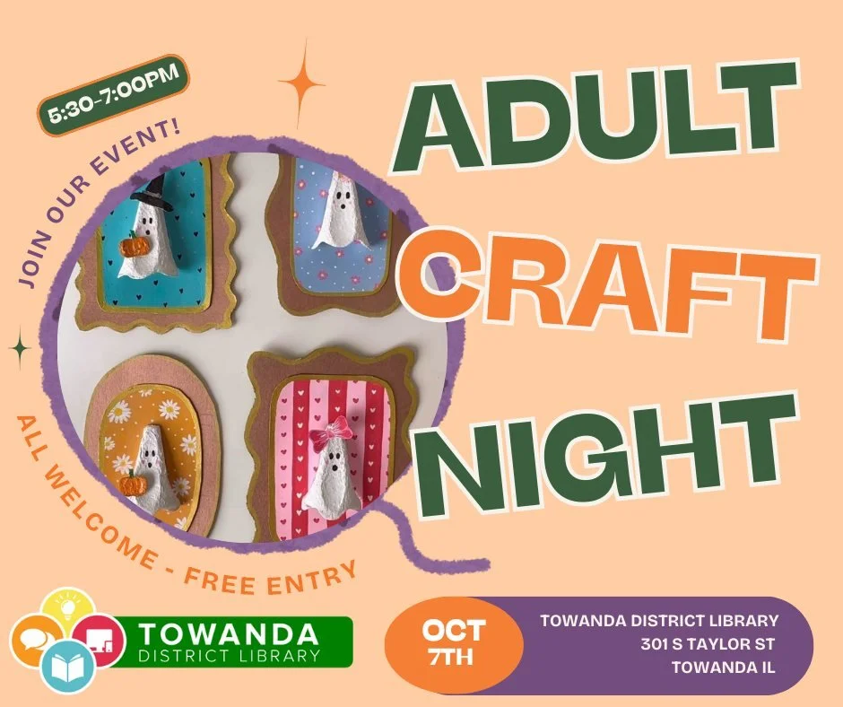 🎨✨ Adult Craft Night at Towanda District Library! ✨🎨
Looking for a fun and creative night out? Join us for Adult Craft Night on Tuesday, October 7th from 5:30–7:00 PM! 🖌️👻
We’ll be making adorable fall-themed ghost crafts—perf