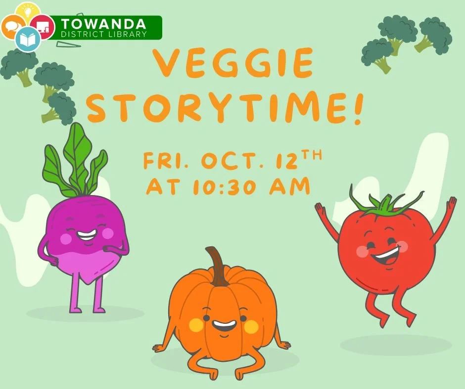 🥦🍅🥕 Veggie Storytime at Towanda District Library! 🥕🍅🥦
Join us for a fun and flavorful morning filled with stories, laughter, and a few veggie friends! 🌱📚
📅 Friday, October 12th
🕥 10:30 AM
📍 Towanda District Library
Kids will love this l