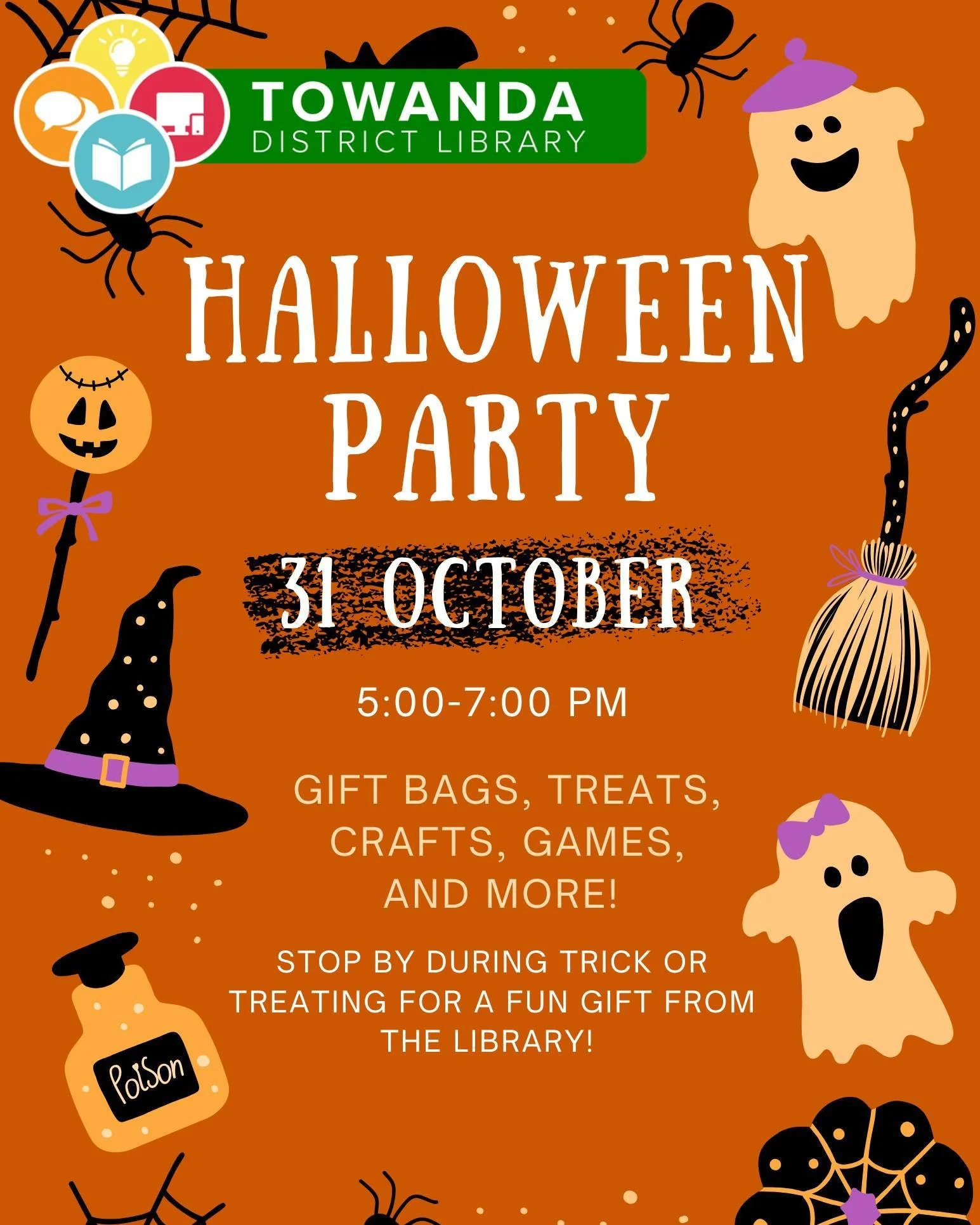 🎃👻 It&rsquo;s Halloween Party time at Towanda District Library! 👻🎃

Join us on Friday, October 31st from 5:00&ndash;7:00 PM for a fang-tastic evening full of gift bags, treats, crafts, games, and more! 🕸️🍬

Stop by the library during trick-or-t