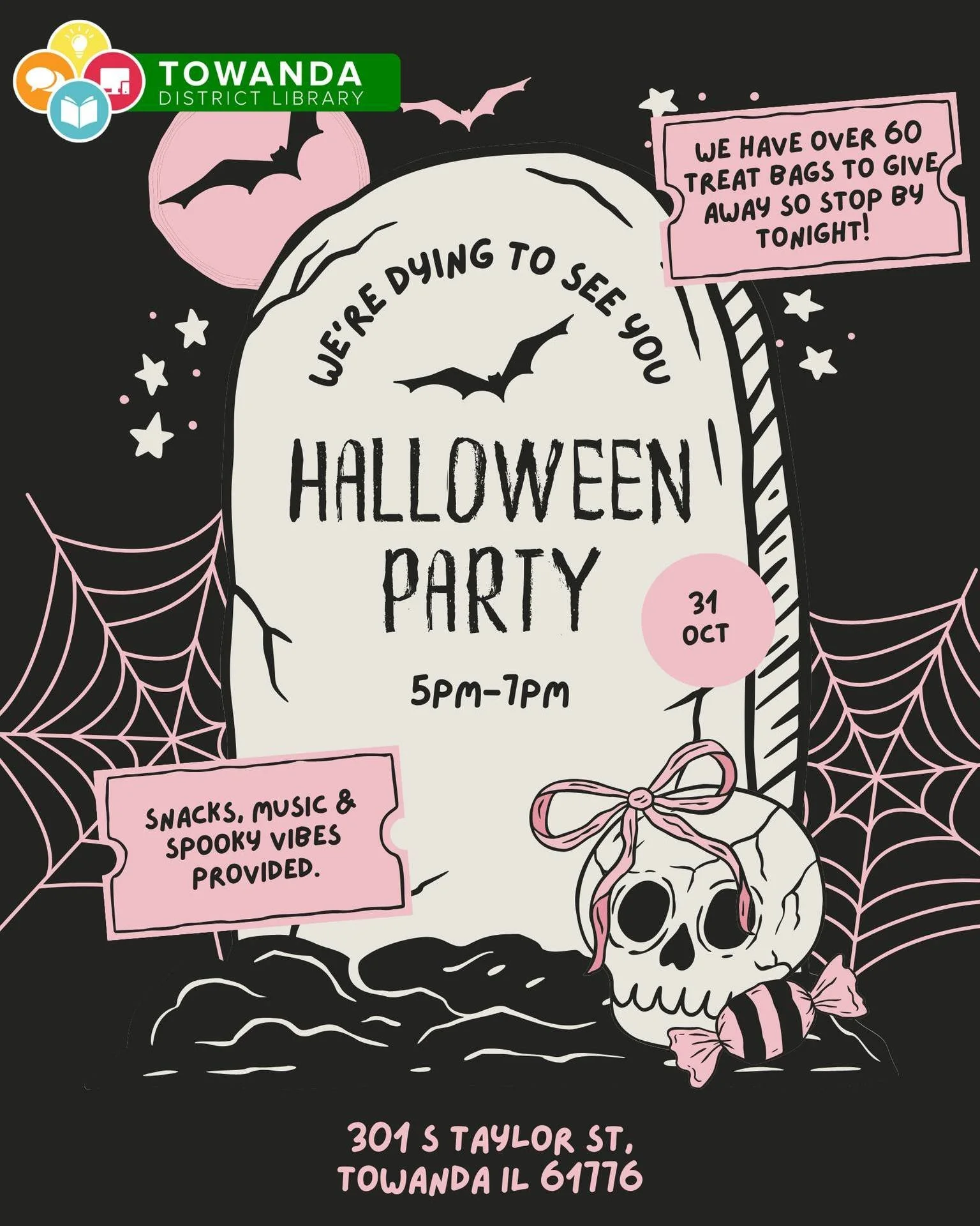 🎃👻 It&rsquo;s time to get spooky, Towanda! 👻🎃

Join us TONIGHT from 5&ndash;7 PM at the Towanda District Library for our Halloween Party! We&rsquo;re dying to see you! 💀

Stop by for snacks, music, and spooky vibes &mdash; plus, we have over 60 