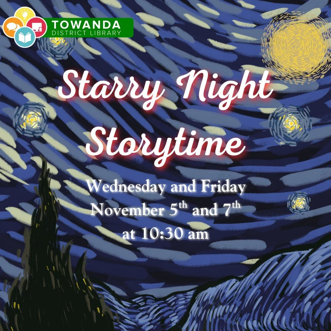 🌟✨ Snuggle up under the stars for a magical Starry Night Storytime at Towanda District Library! ✨🌟
We&rsquo;ll read twinkly tales inspired by the night sky and create fun, star-filled crafts your little ones will love. Perfect for families who enjo