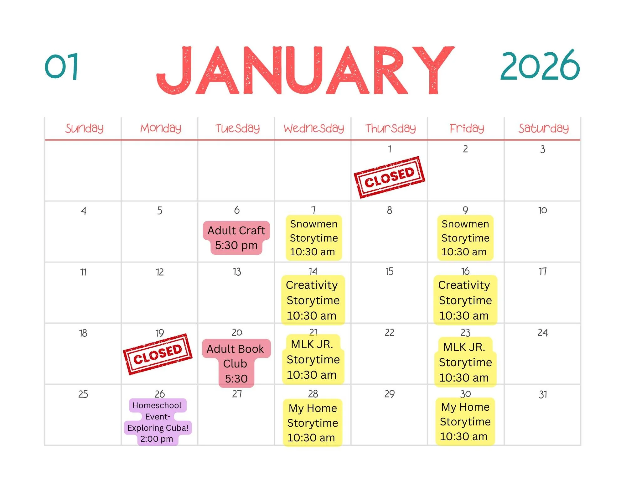 There was an error on the last calendar.  Adult Book Club will be held on January 20th.