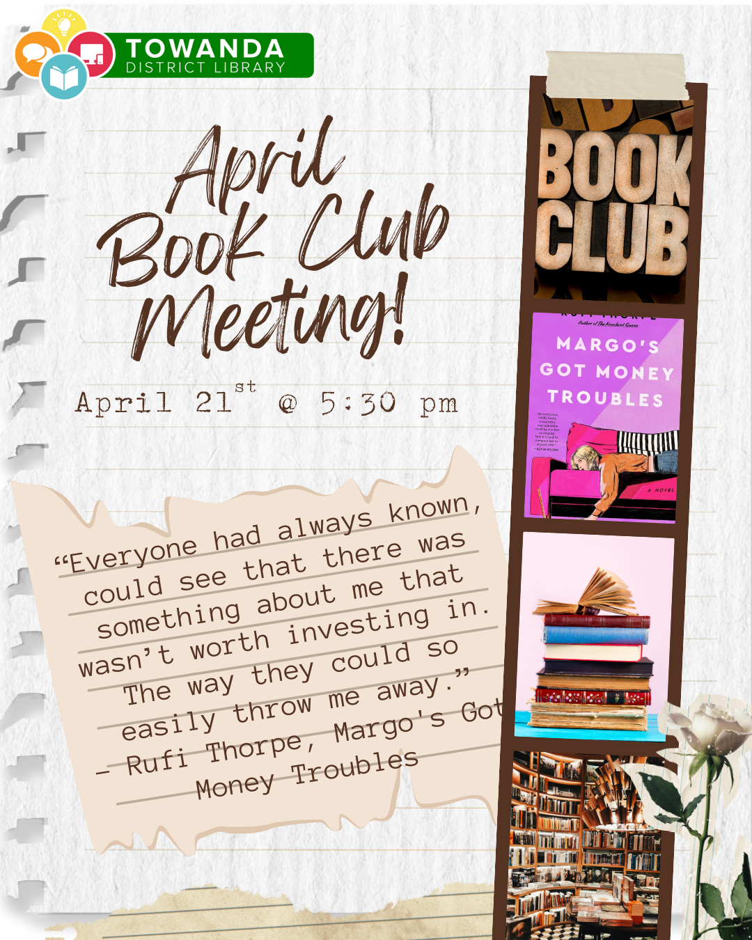 Book club will be held April 21st at 5:30