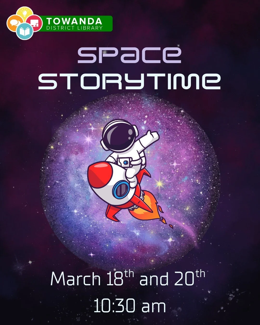🚀🌟 Blast Off to Space Storytime! 🌟🚀

Get ready for a cosmic adventure at the Towanda District Library! Join us for Space Storytime, where we&rsquo;ll explore the stars through fun stories, songs, and activities that are out of this world.

👩&zwj