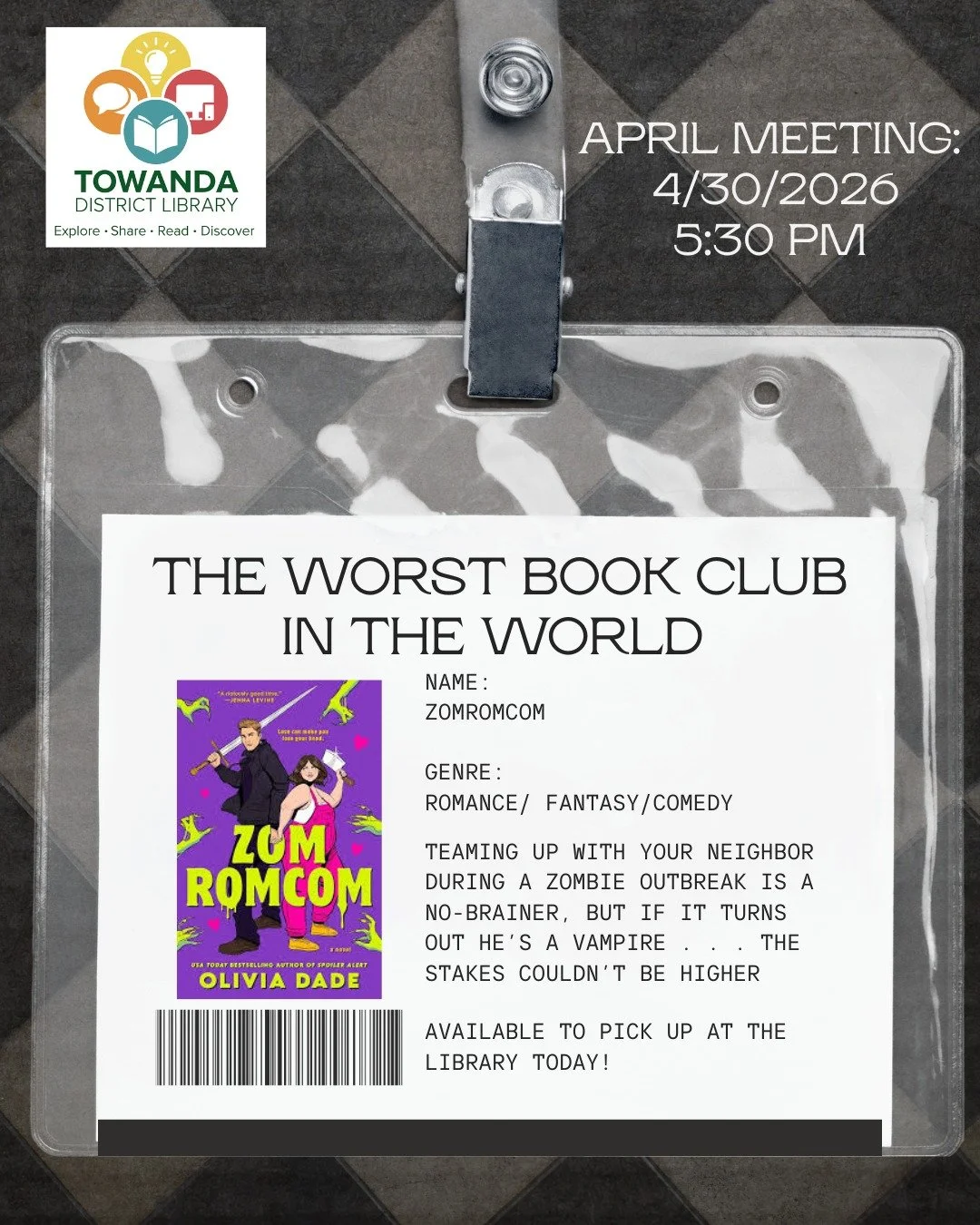 📚🧟&zwj;♀️ The Worst Book Club in the World is back&hellip; and somehow, it just keeps getting better (or worse? 👀)

Join us on April 30th at 5:30 PM for our next gloriously chaotic discussion featuring Zomromcom by Olivia Dade &mdash; a romance/fa