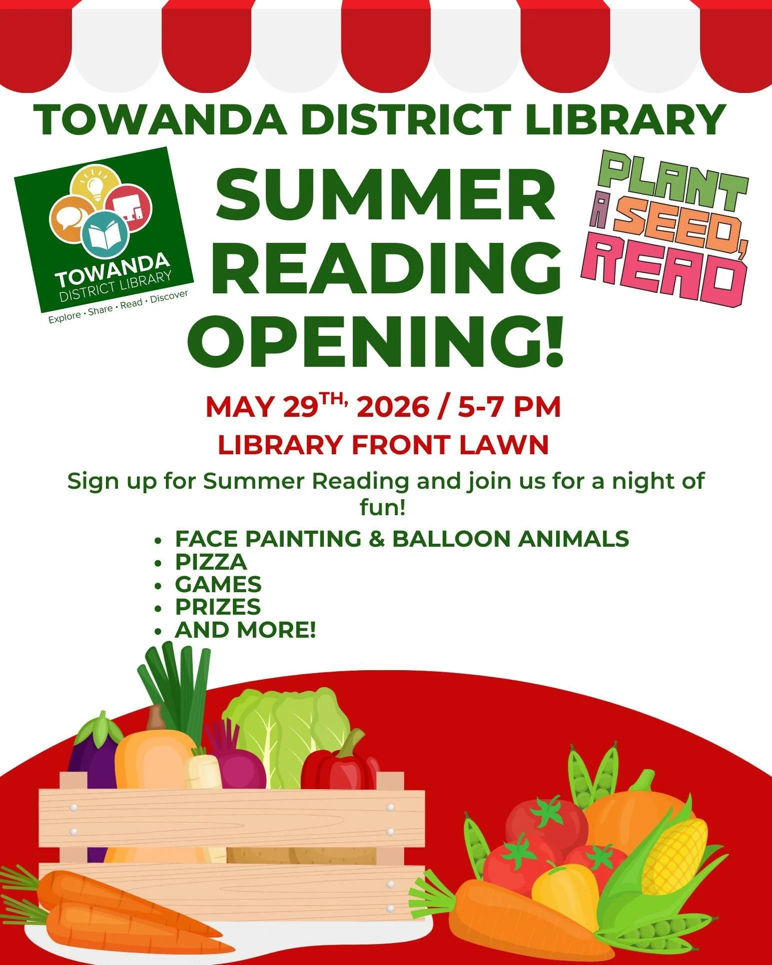 🌱📚 Summer Reading Opening Party! 📚🌱

Kick off summer with us at the Towanda District Library! 🎉 Join us for an evening of fun as we celebrate the start of our Summer Reading Program: &ldquo;Plant a Seed, Read!&rdquo; 🌼

📅 May 29th, 2026
⏰ 5:00