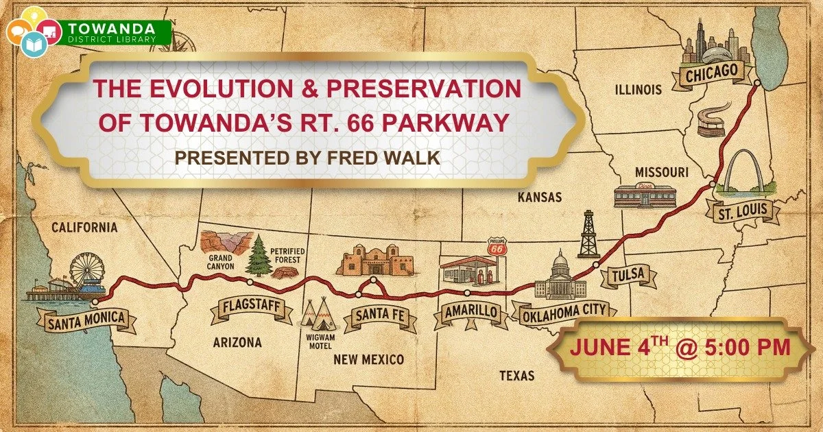 Take a trip down memory lane on Route 66! 🛣️✨

Join us at Towanda District Library for The Evolution &amp; Preservation of Towanda&rsquo;s Rt. 66 Parkway, presented by Fred Walk.

📅 Thursday, June 4
⏰ 5:00 PM
📍 Towanda District Library

Learn more