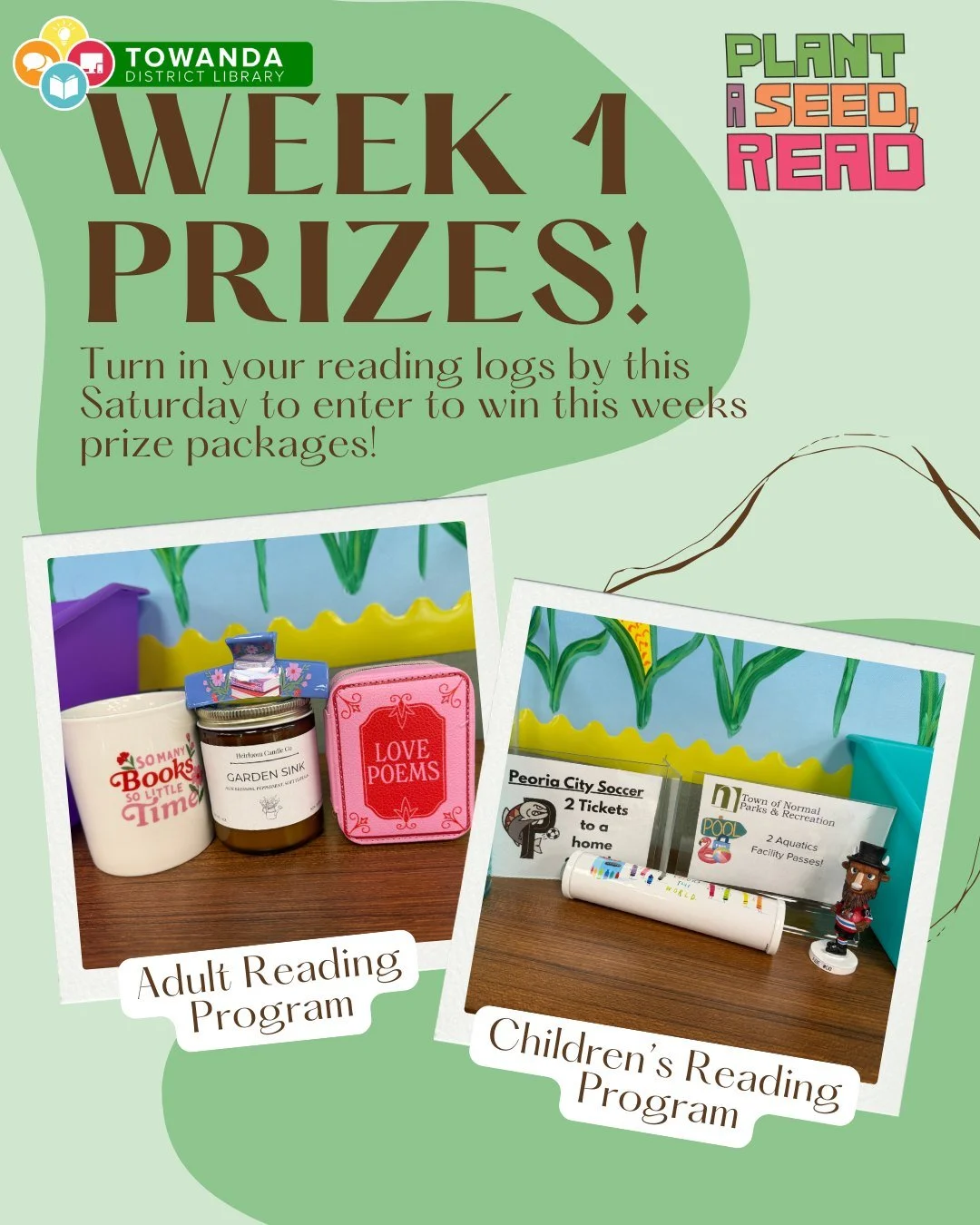 📚🌱 Week 1 Summer Reading Prize Drawing! 🌱📚
Don&rsquo;t forget to turn in your reading logs by this Saturday for your chance to win one of our Week 1 prize packages!
🎉 Adult Reading Program Prize Pack Includes:
 - Reading-themed mug
 -Garden Sink