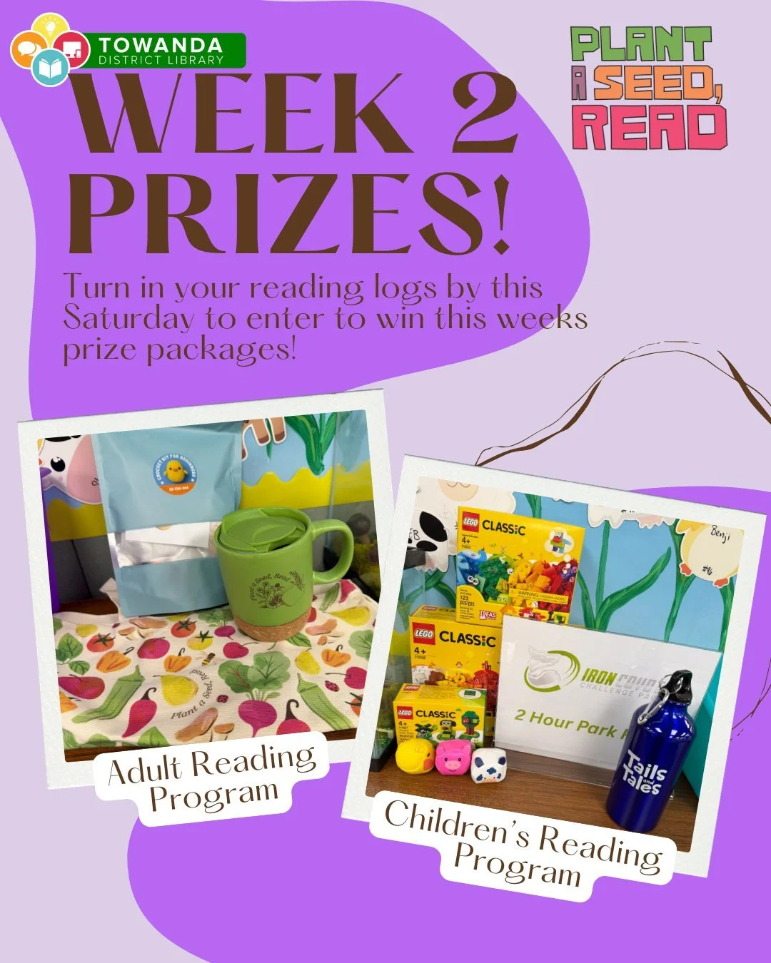 🎉 Week 2 Prize Drawing is Here! 🎉
There&rsquo;s still time to enter! 📚🌱
Turn in your reading logs by this Saturday for a chance to win one of our Plant a Seed, Read Summer Reading prize packages!
🌿 Adult Reading Program Prize Pack
Includes a bea