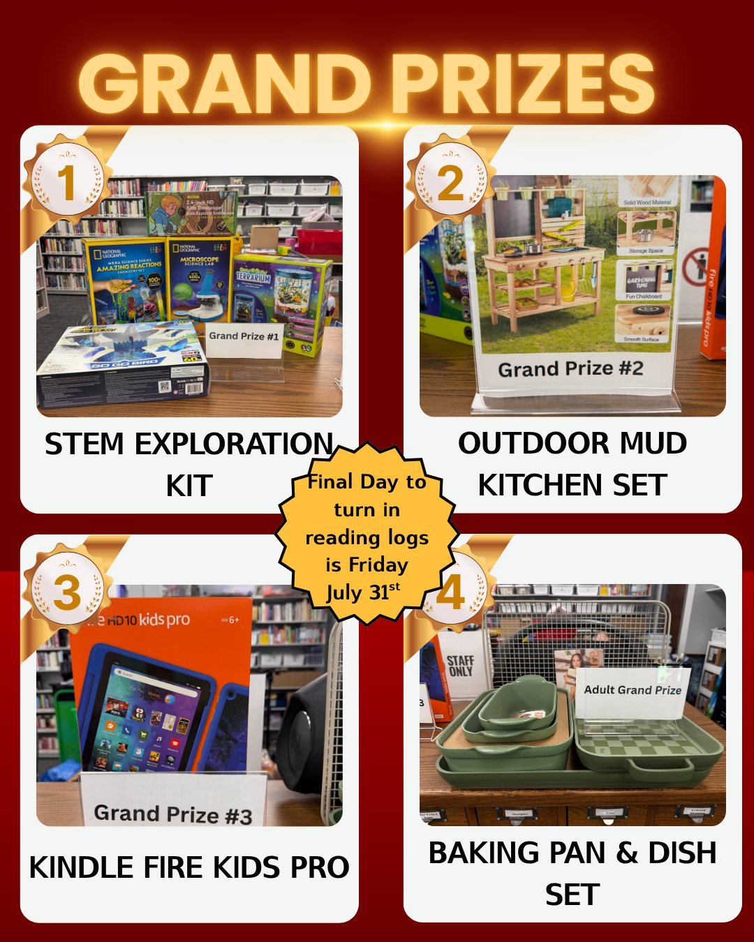 It&rsquo;s almost time for our Summer Reading Grand Prize Drawing! 🎉📚

Keep turning in those reading tickets for your chance to win one of our amazing grand prizes:

🏆 STEM Exploration Kit
🏆 Outdoor Mud Kitchen Set
🏆 Kindle Fire Kids Pro
🏆 Baki