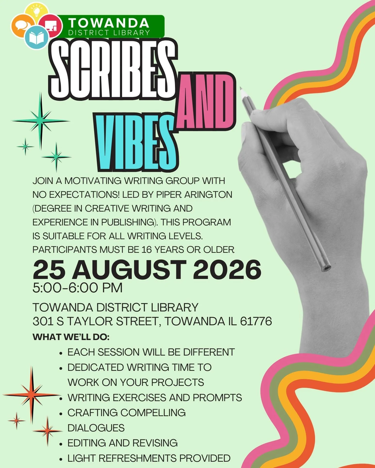 We've got a new group starting at the Towanda District Library! 
Join Piper on the last Tuesday of every month for Scribes &amp; Vibes, a writing group dedicated to helping new and established writers find community, share stories, gain access to res