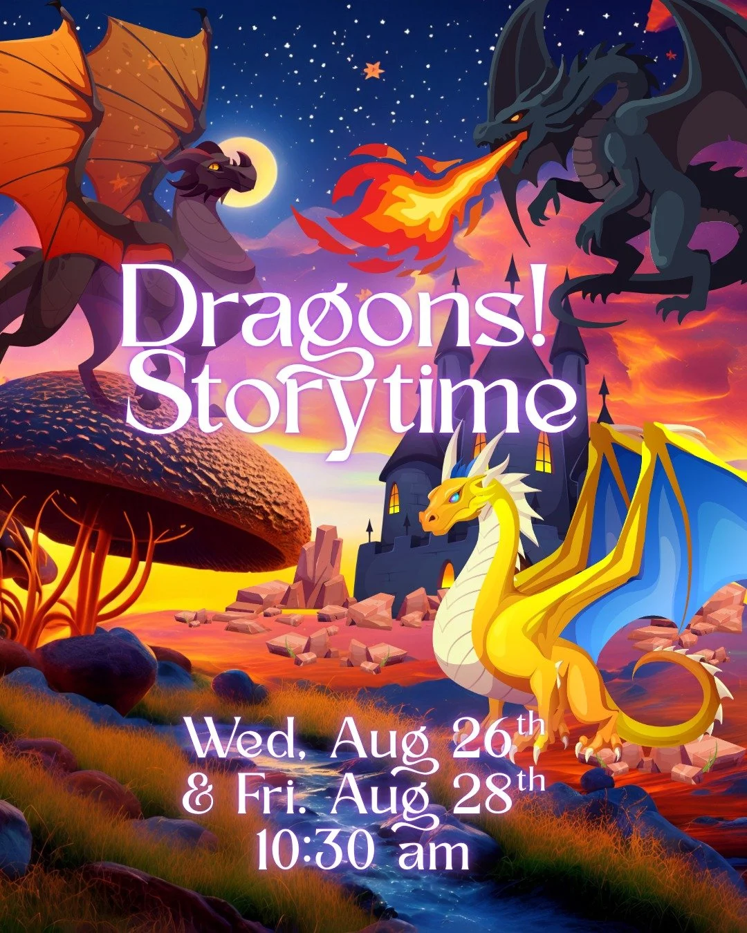 Join  us for a fantastical storytime at the library! 
Journey to far off worlds, enjoy snacks, and make a fun dragon craft to take home!