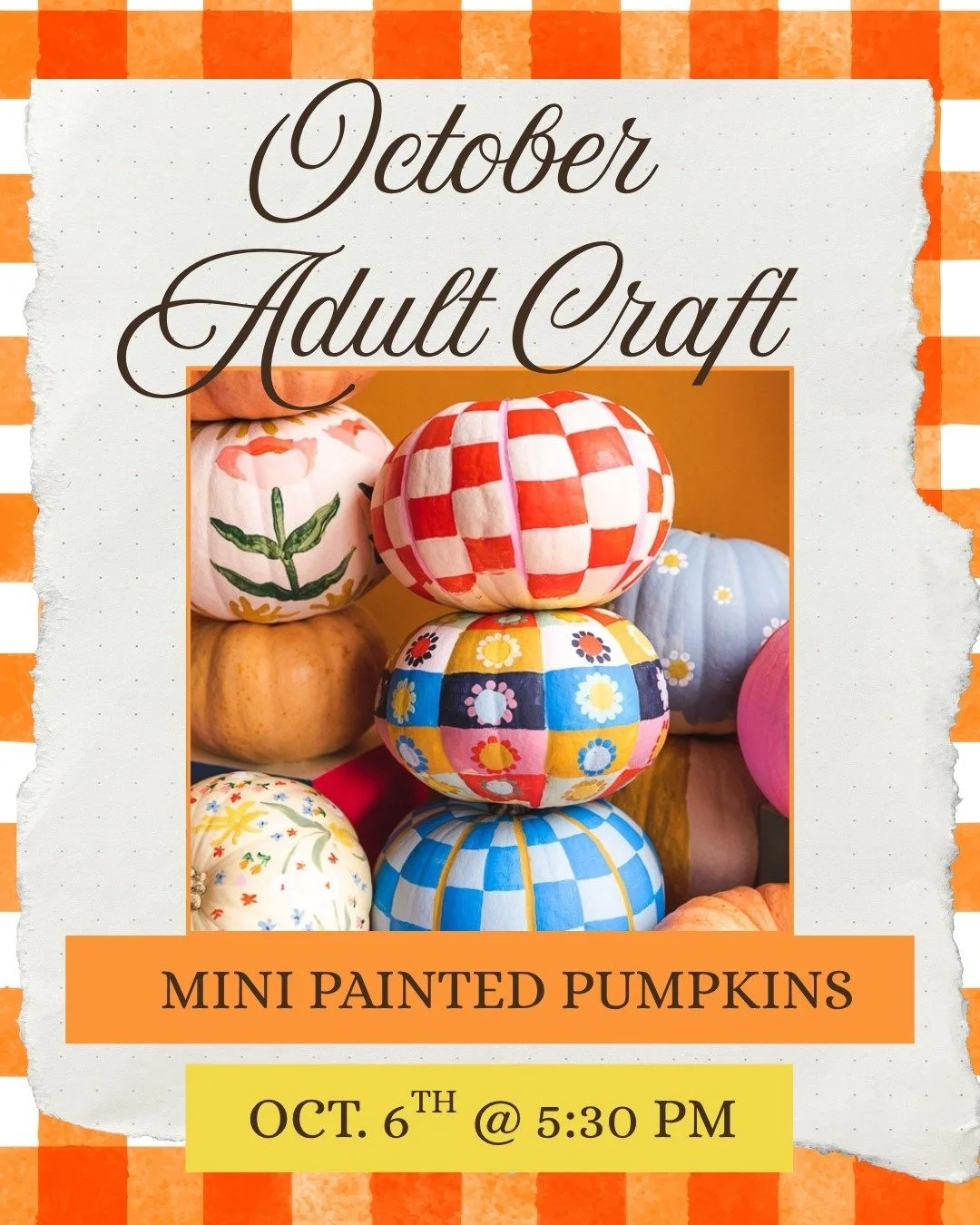 🎨🎃 October Adult Craft Night is getting a fall makeover! 🎃🎨
Join us at Towanda District Library for a cozy evening of creativity as we paint mini pumpkins just in time for fall!
Whether you go for classic autumn colors, cute patterns, florals, or