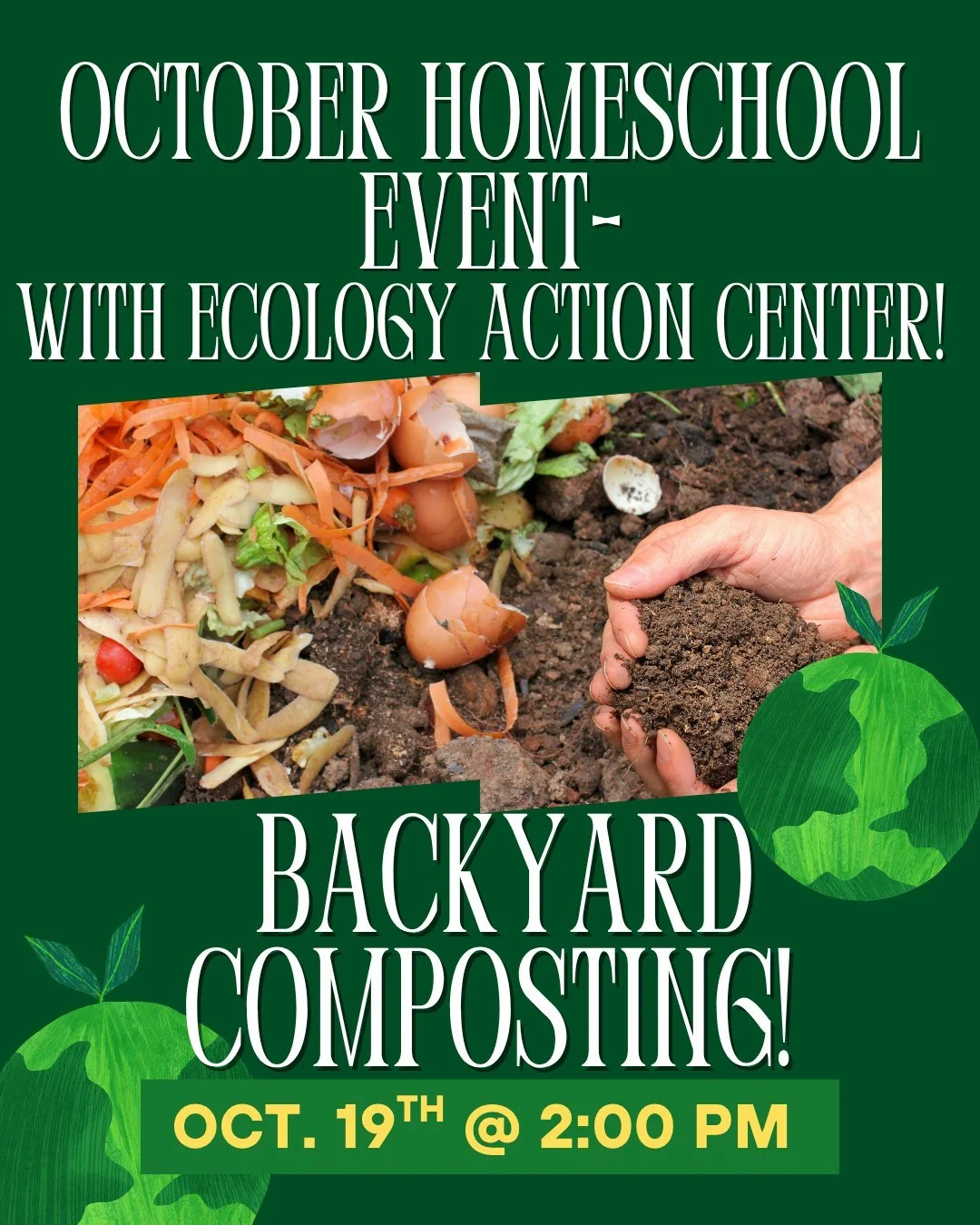 Join us Monday, October 19th at 2:00 pm for our monthly Homeschool Event! This month, the Ecology Action Center from Normal is going to be stopping by to teach us all about backyard composting! 

No sign up is required for this event! Just bring your