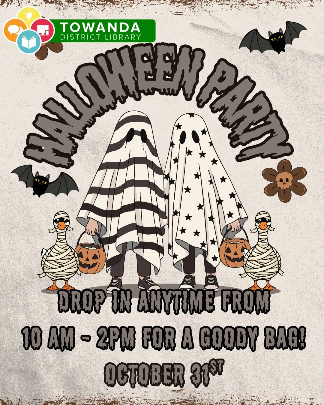 👻🎃 BOO! You're Invited to a Halloween Party! 🎃👻

Get ready for a spook-tacular time at the Towanda District Library! 🦇

Put on your favorite costume and creep, crawl, or fly on over for a frightfully fun Halloween celebration! We'll have games, 