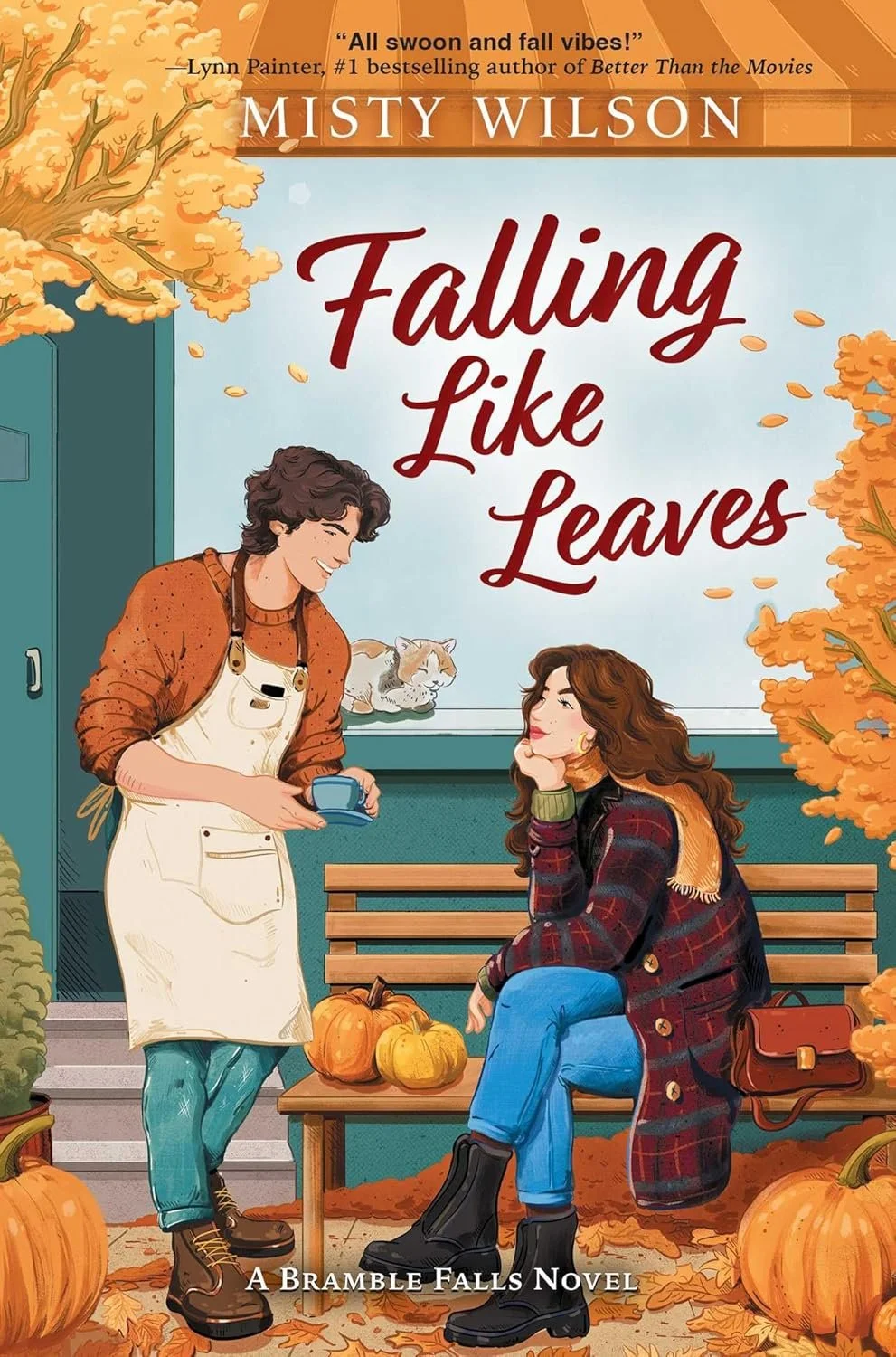 Book cover for "Falling Like Leaves" by Misty Wilson, featuring a man with curly hair in a white apron and teal pants exchanging a cup with a woman with wavy brown hair, sitting on a park bench. The scene depicts autumn with pumpkins, fallen leaves,