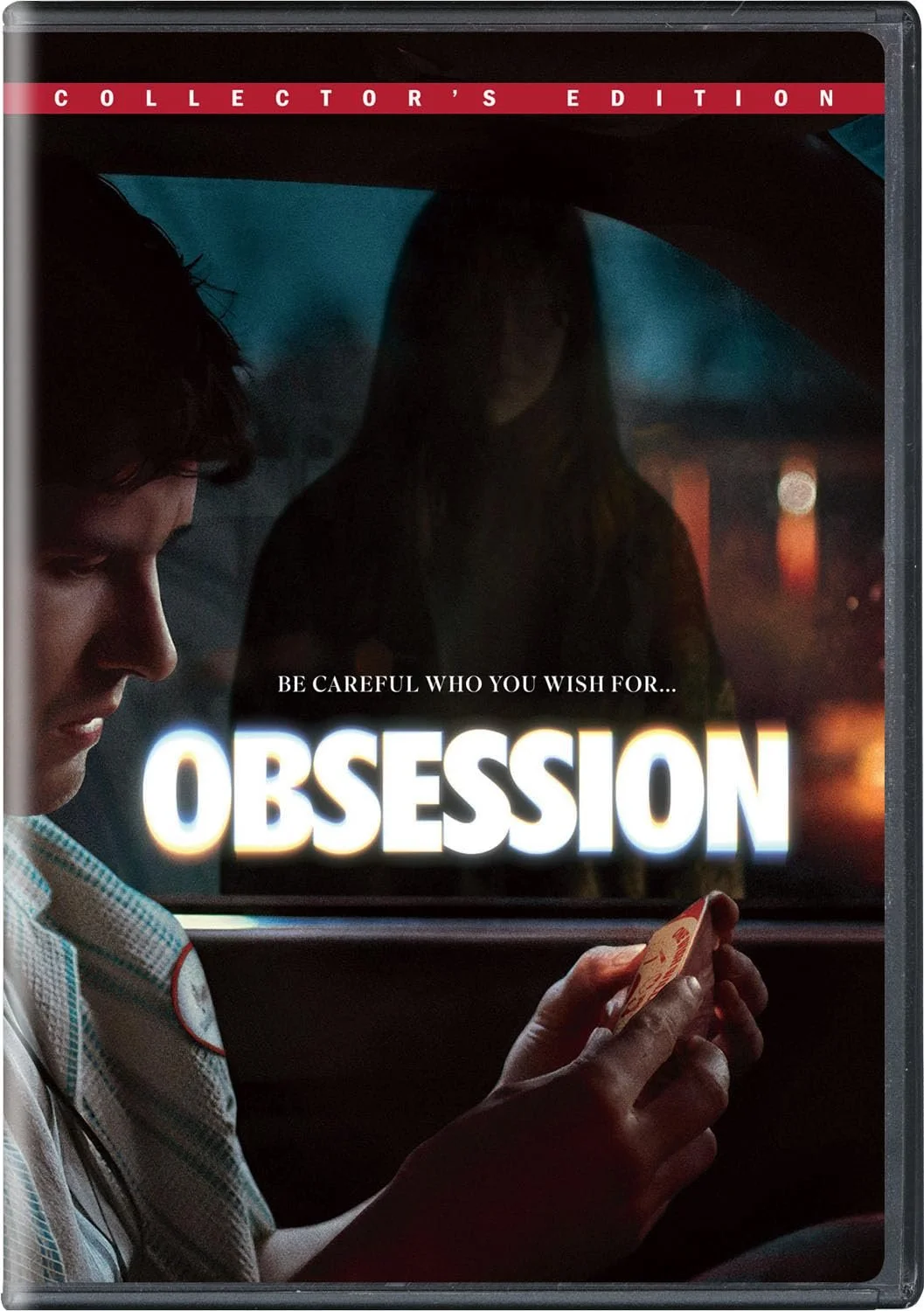 The DVD cover of 'Obsession' with the tagline 'Be careful who you wish for...'