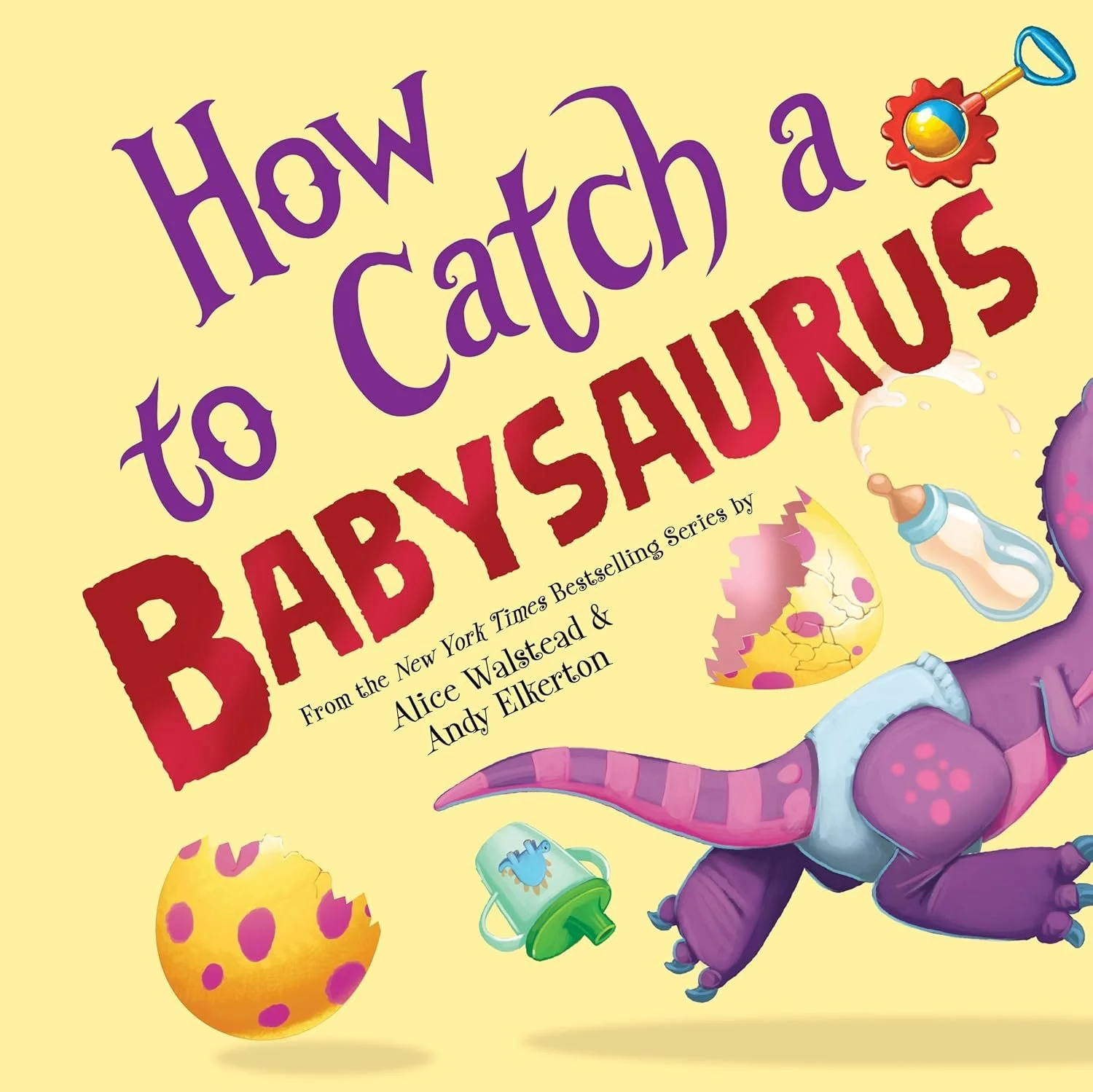Book cover titled "How to Catch a Baby Shark" with illustrations of a baby shark, eggs, a pacifier, and a bottle on a yellow background.