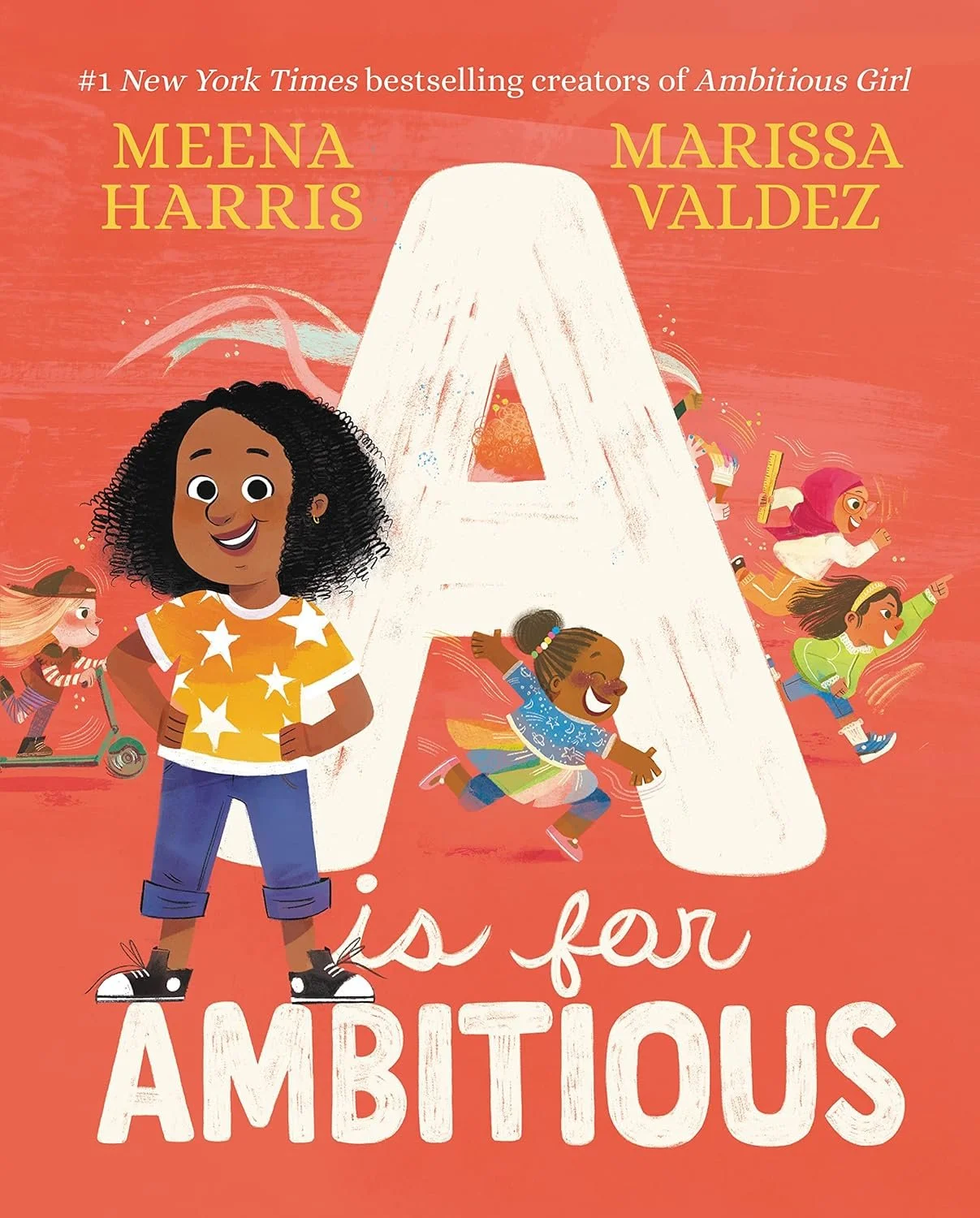 Book cover titled "A is for Ambitious" written by Meena Harris and Marissa Valdez.