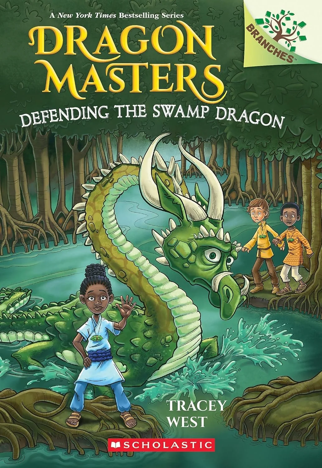 Cover of a children's book titled 'Dragon Masters: Defending the Swamp Dragon' by Tracey West, published by Scholastic. The illustration features a large, green swamp dragon with white horns and a spiny tail, emerging from a swamp with three children