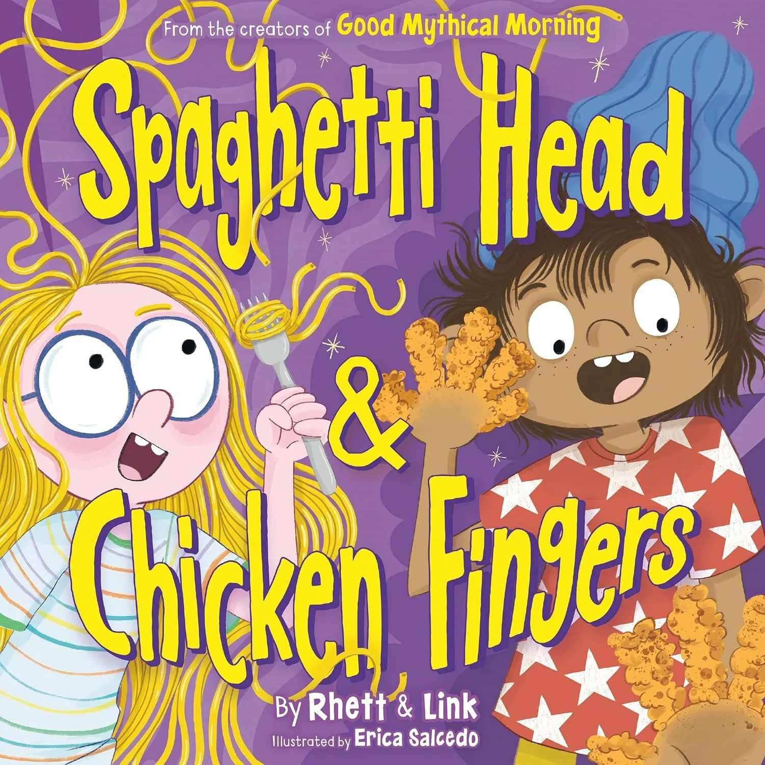 Cover of 'Spaghetti Head & Chicken Fingers' by Rhett Mclaughlin, Link Neal, and illustrator Erica Salcedo.