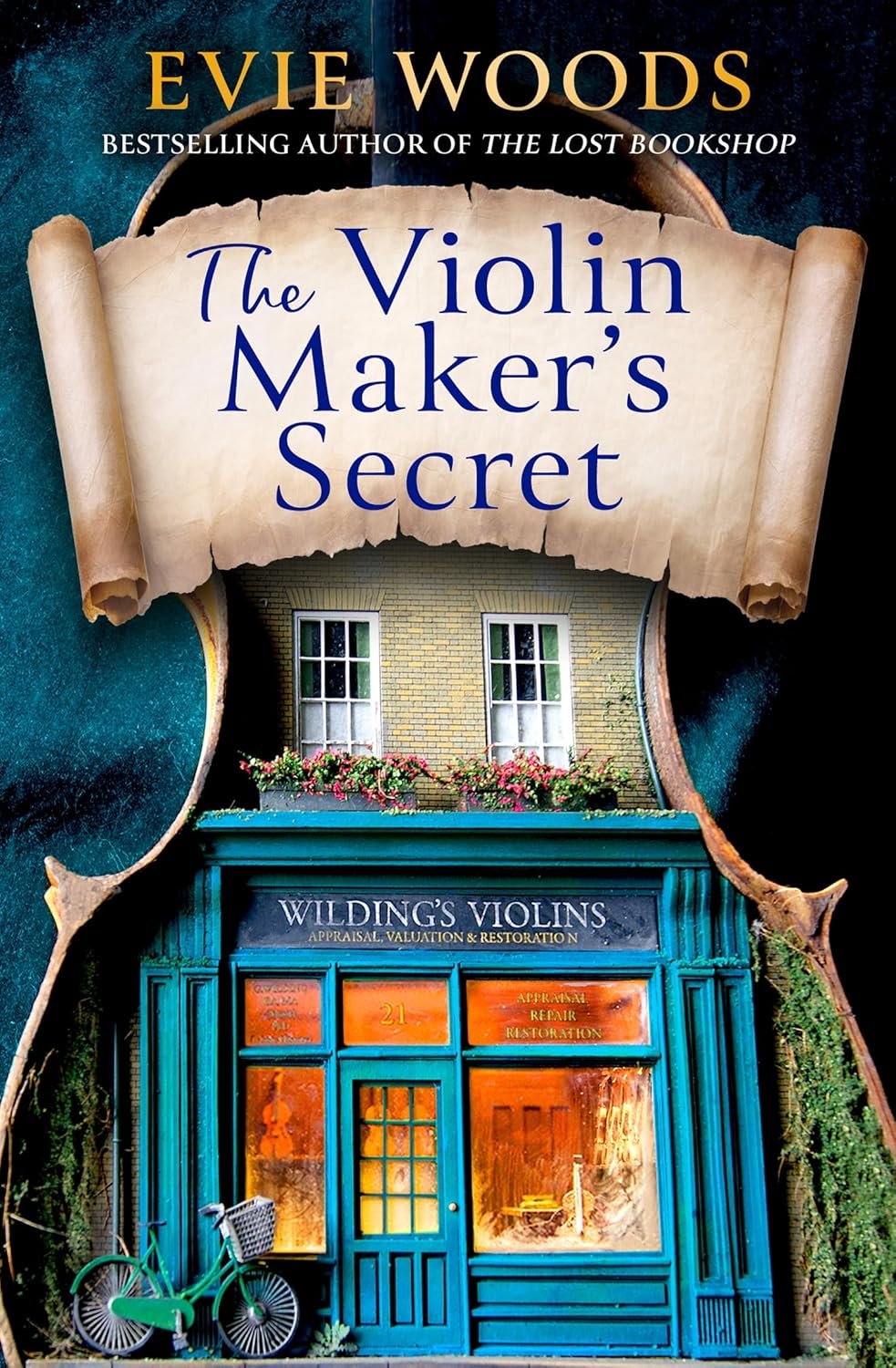 Book cover titled "The Violin Maker's Secret" by Evie Woods.