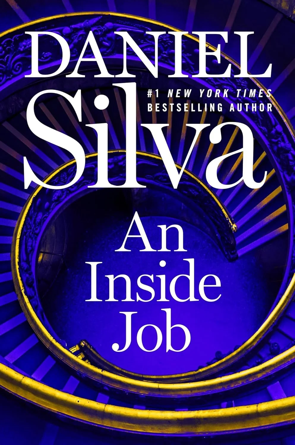 Book cover for 'An Inside Job' by Daniel Silva, showing a spiral staircase illuminated with purple and blue lighting.