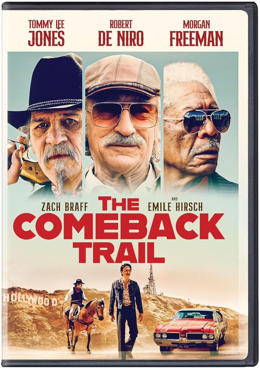 Movie poster featuring three prominent male actors, a cowboy on a horse, a man walking, and a red car in a desert setting, titled 'The Comeback Trail'. Names of actors: Tommy Lee Jones, Robert De Niro, Morgan Freeman.