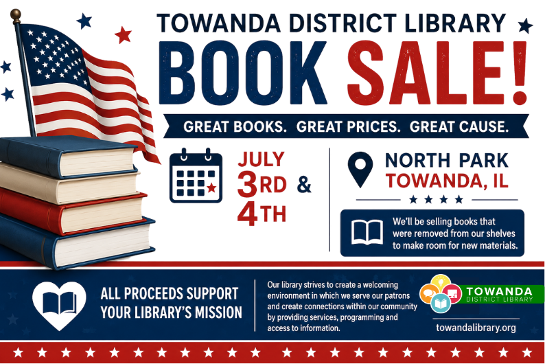 Book sale July 3rd and 4th during the flea market.