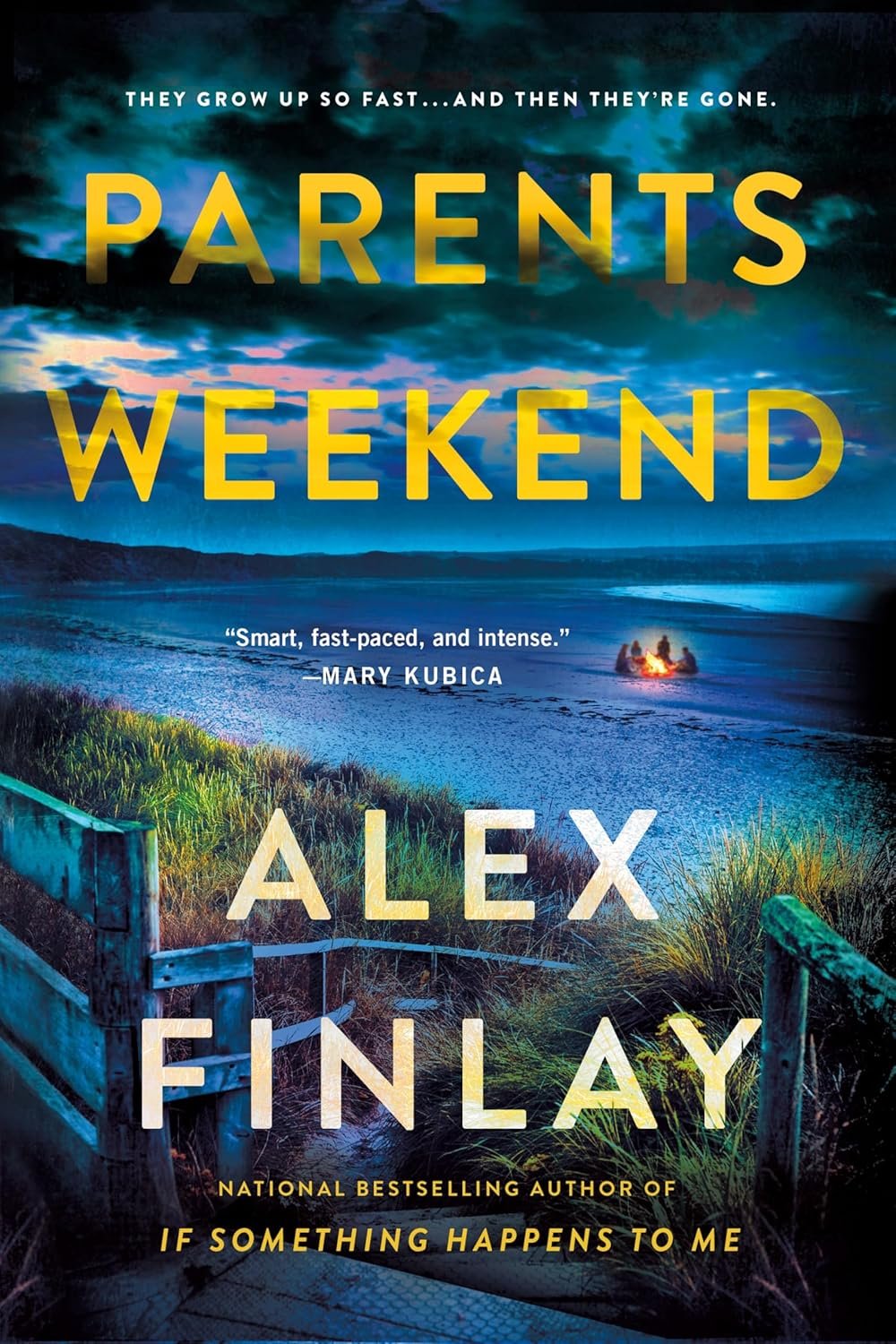 Cover of the book 'Parents Weekend' by Alex Finlay, featuring a beach scene with a bonfire and people sitting around it, and a rustic wooden fence in the foreground. Sky is dramatic with clouds and sunset colors.